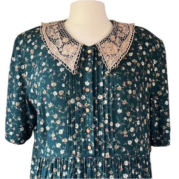 90s Vintage Midi Dress with Crochet Lace Collar Green Size M/L - Picture 6 of 12